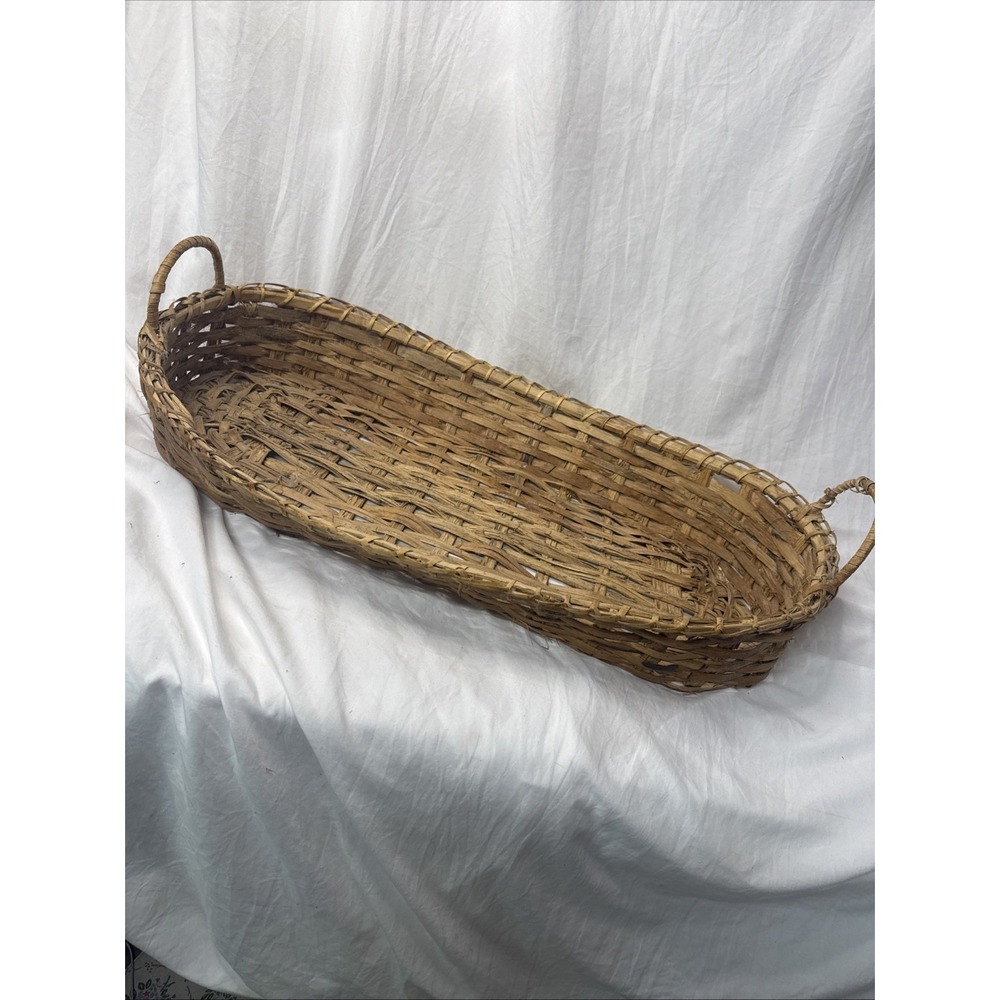 Antique Large Oval Oak Wood Splint Gathering Baguettes Basket Handles Primitive